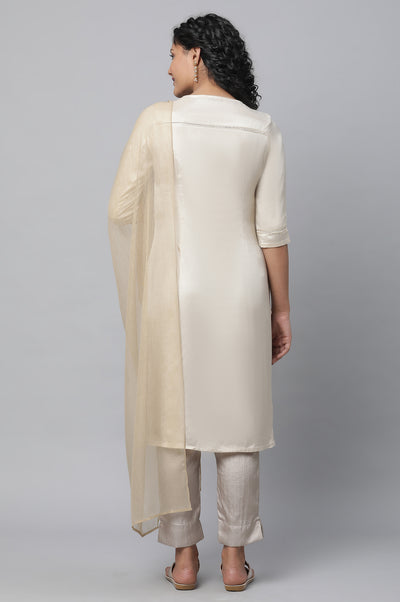 Off-White Shantung kurta, Pants & Dupatta Set