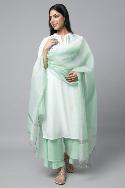 White Embroidered kurta with Palazzo & Dupatta Set