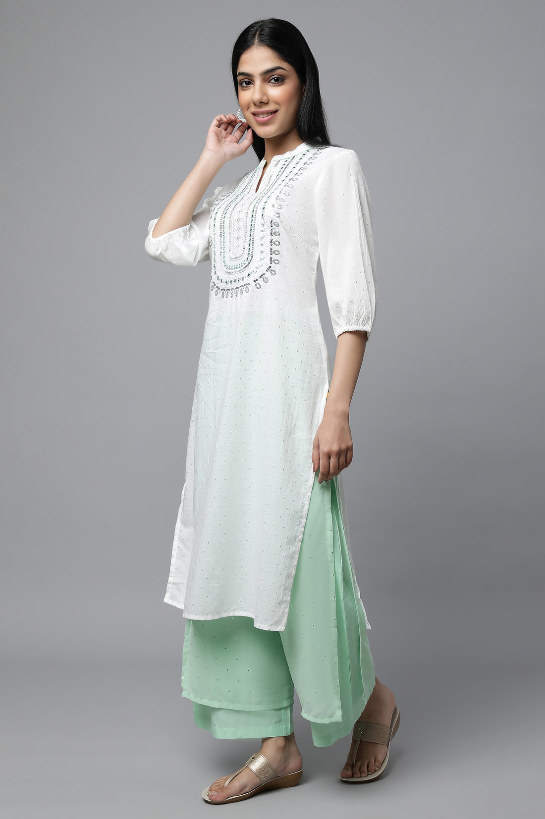 White Embroidered kurta with Palazzo &amp; Dupatta Set