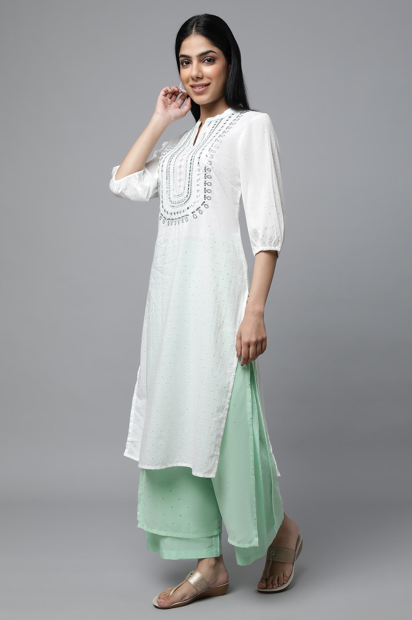 White Embroidered kurta with Palazzo &amp; Dupatta Set