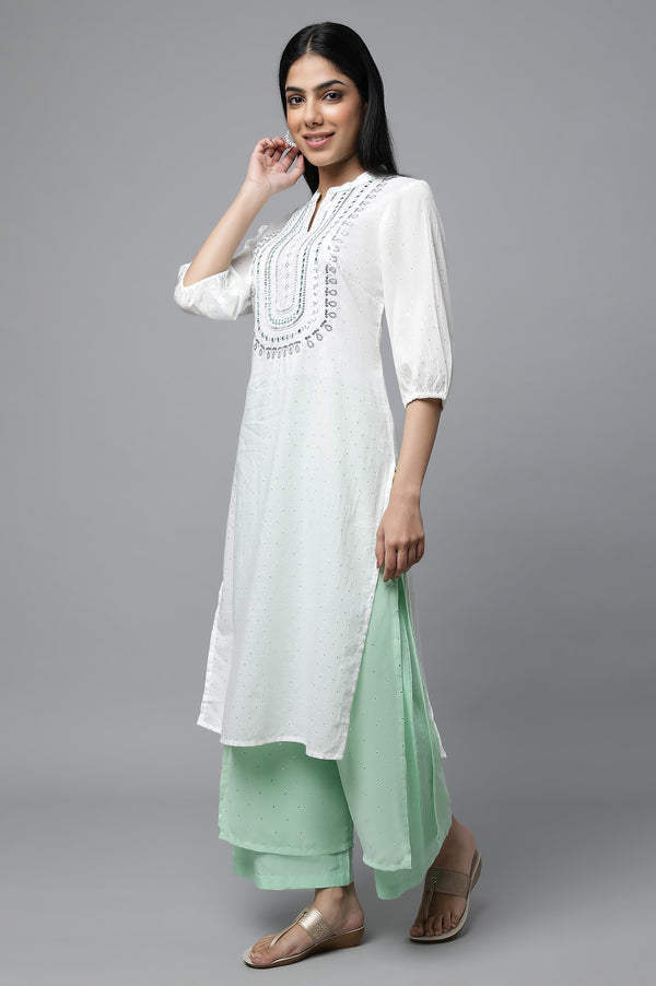 White Embroidered kurta with Palazzo & Dupatta Set