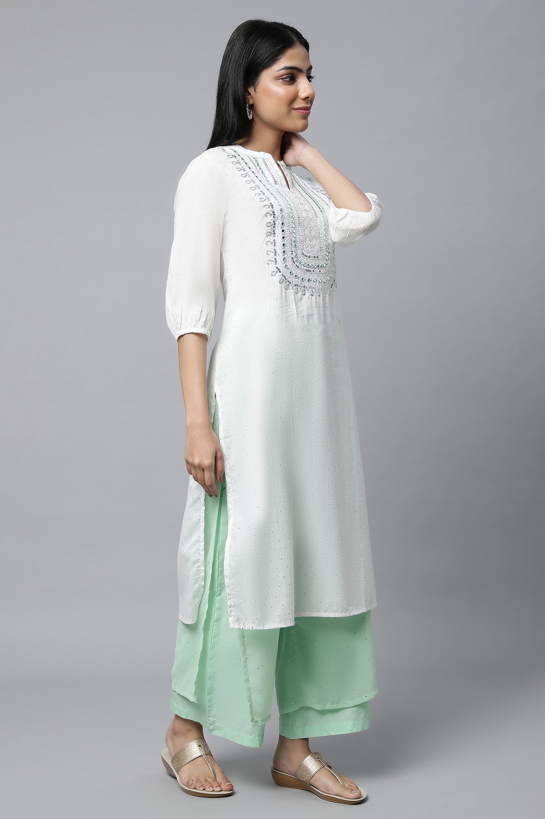 White Embroidered kurta with Palazzo &amp; Dupatta Set