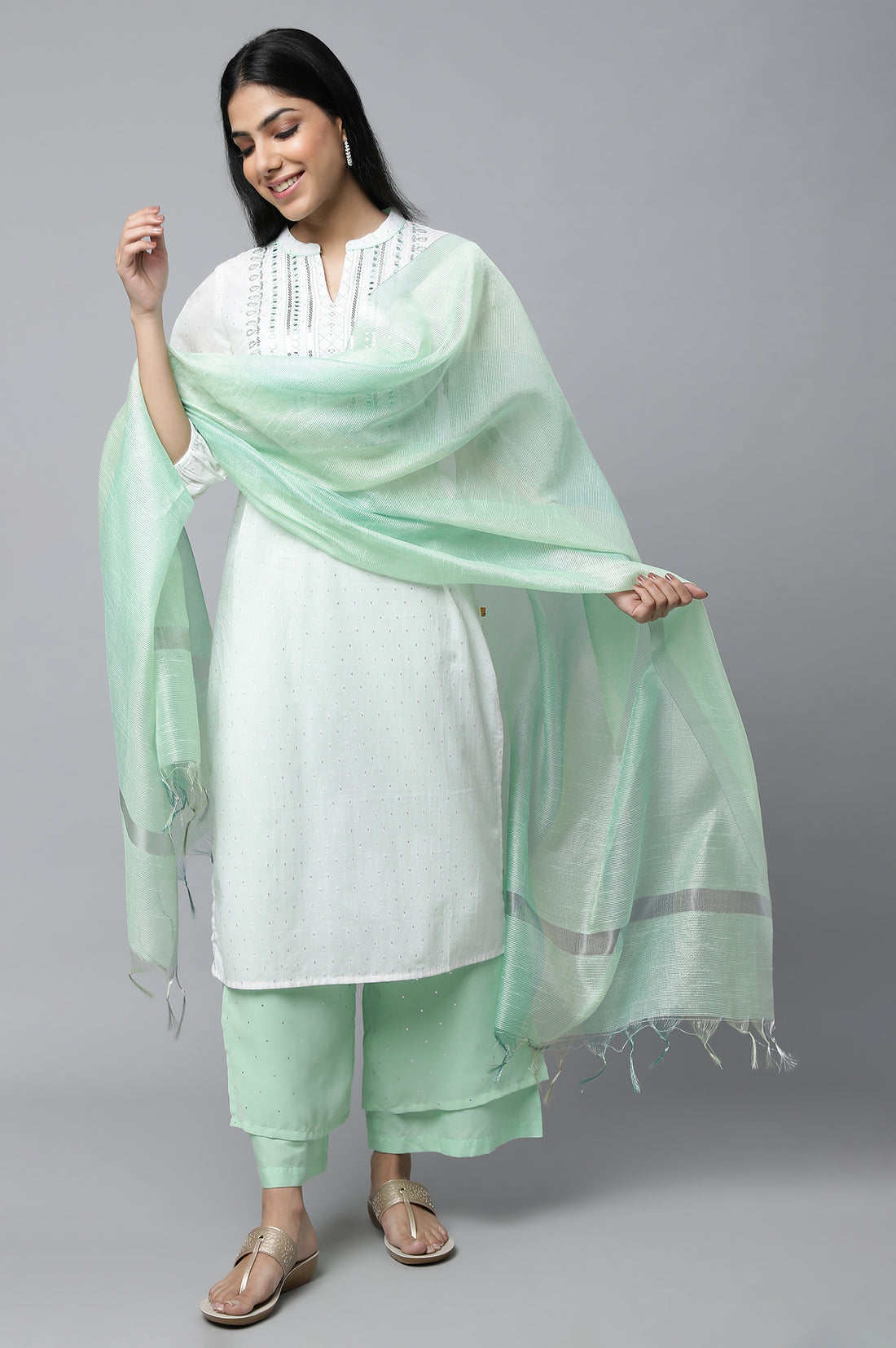 White Embroidered kurta with Palazzo &amp; Dupatta Set