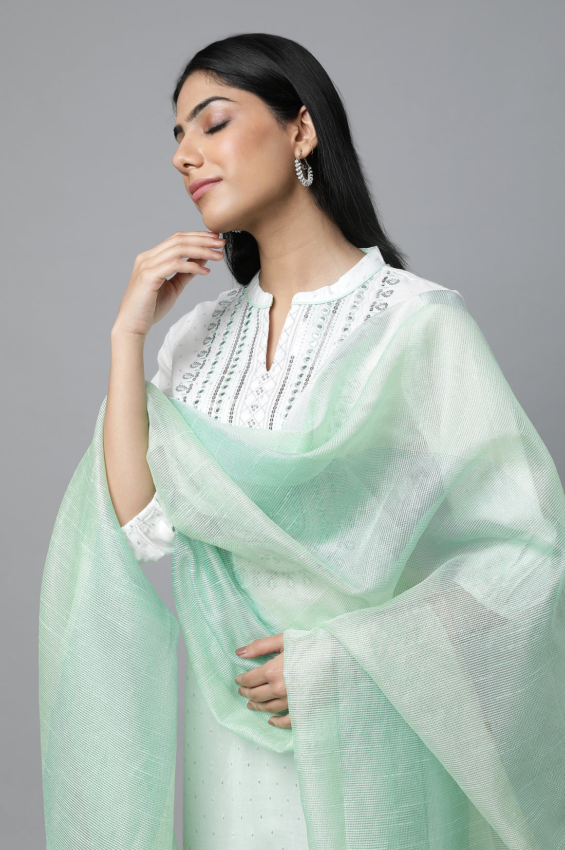 White Embroidered kurta with Palazzo &amp; Dupatta Set
