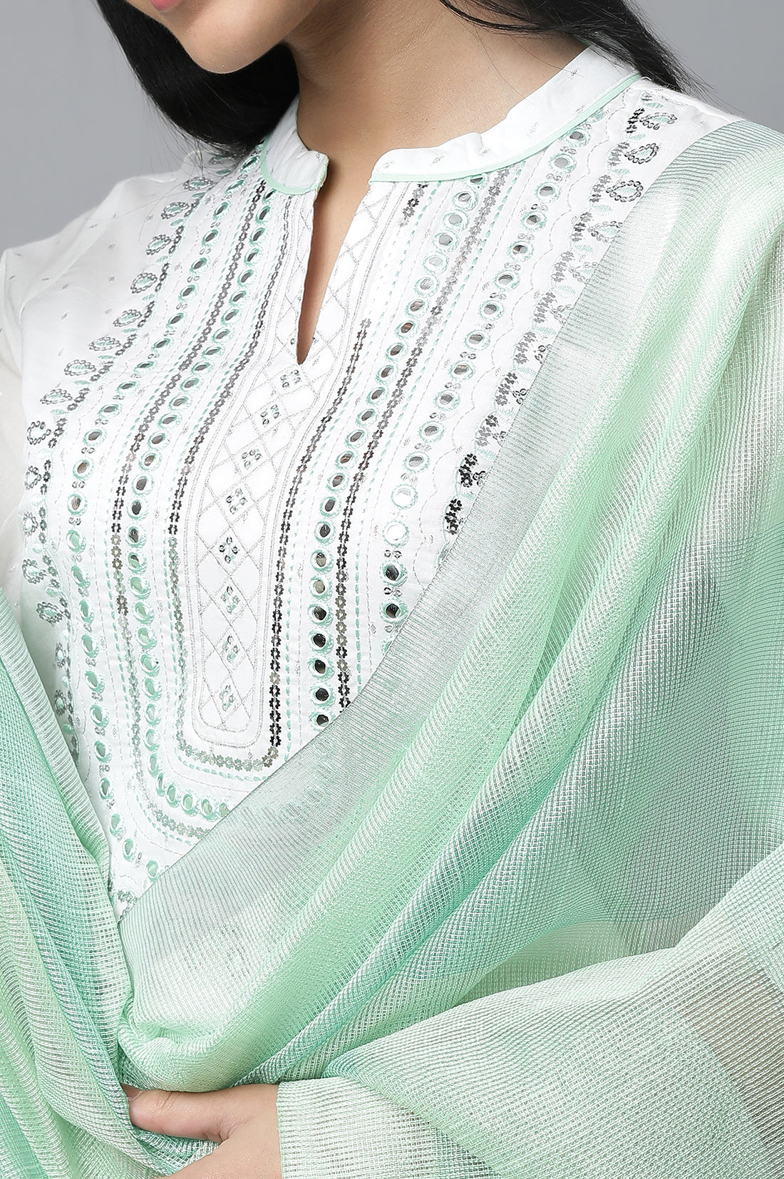 White Embroidered kurta with Palazzo &amp; Dupatta Set