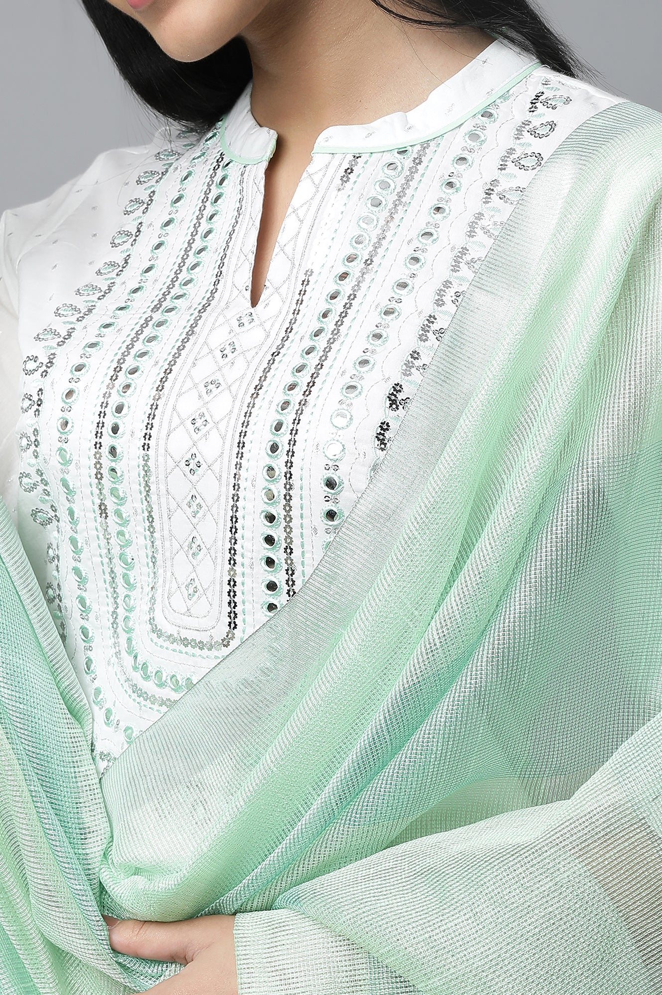 White Embroidered kurta with Palazzo &amp; Dupatta Set