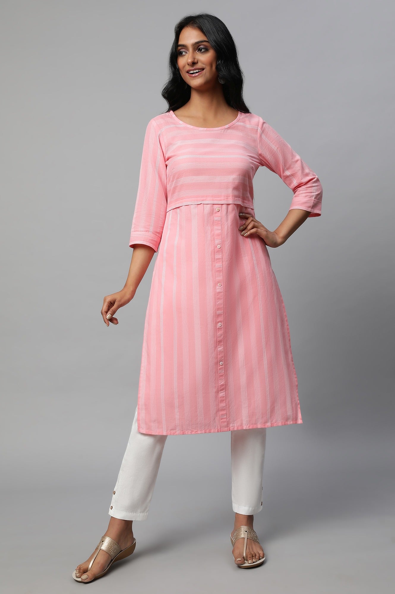 Pink Stripe Print Cotton kurta Set