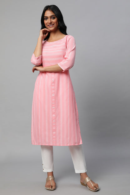 Pink Stripe Print Cotton kurta Set