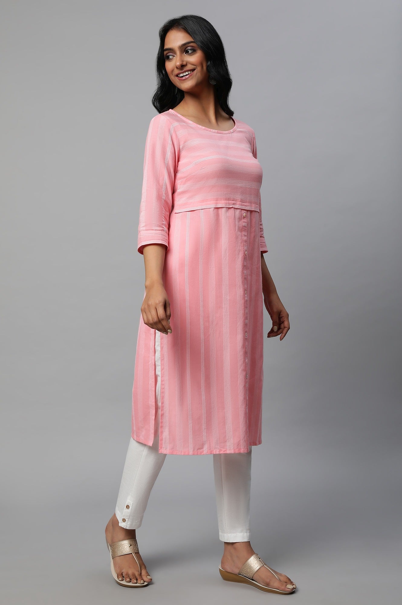 Pink Stripe Print Cotton kurta Set