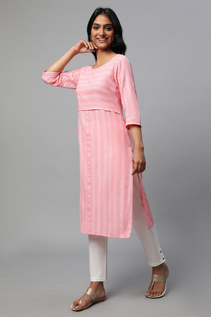 Pink Stripe Print Cotton kurta Set