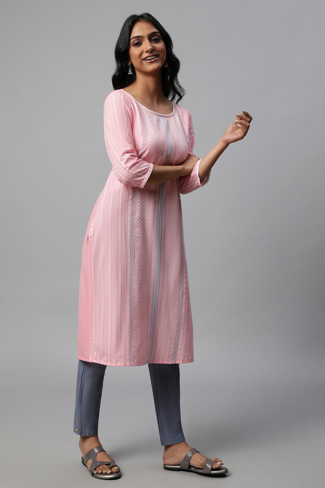 Yellow Dobby Kurta With Palazzos Dupatta Set main image 1