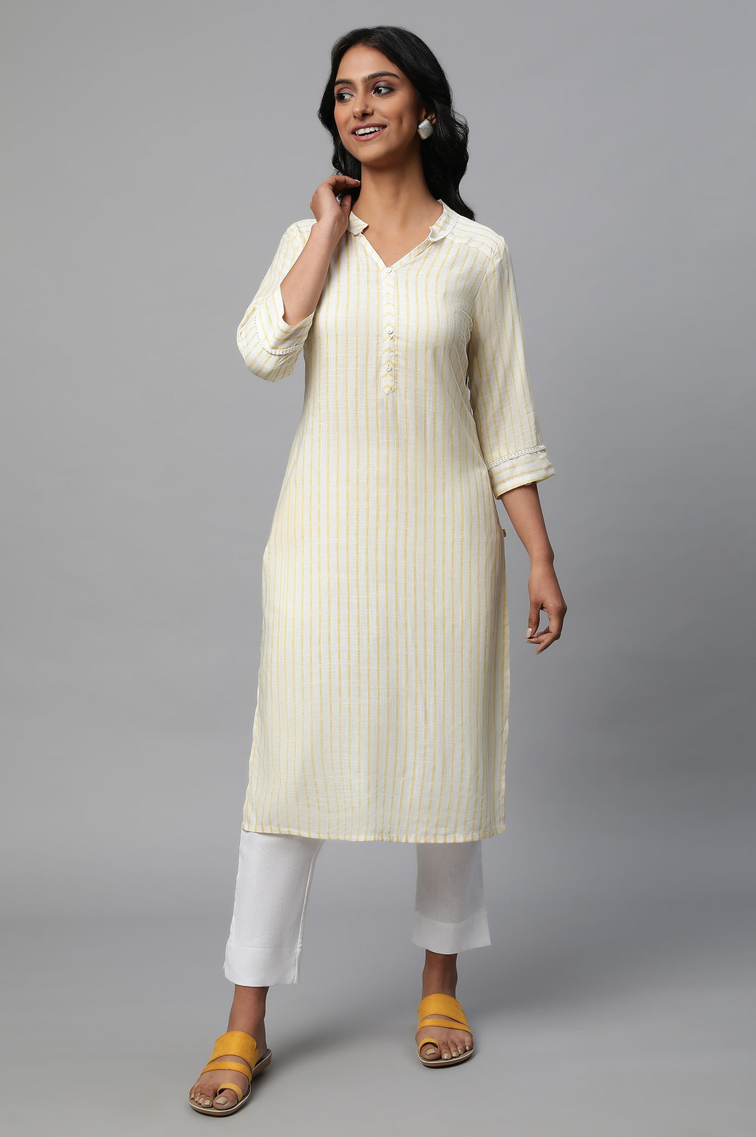 Yellow Stripe Print kurta Set