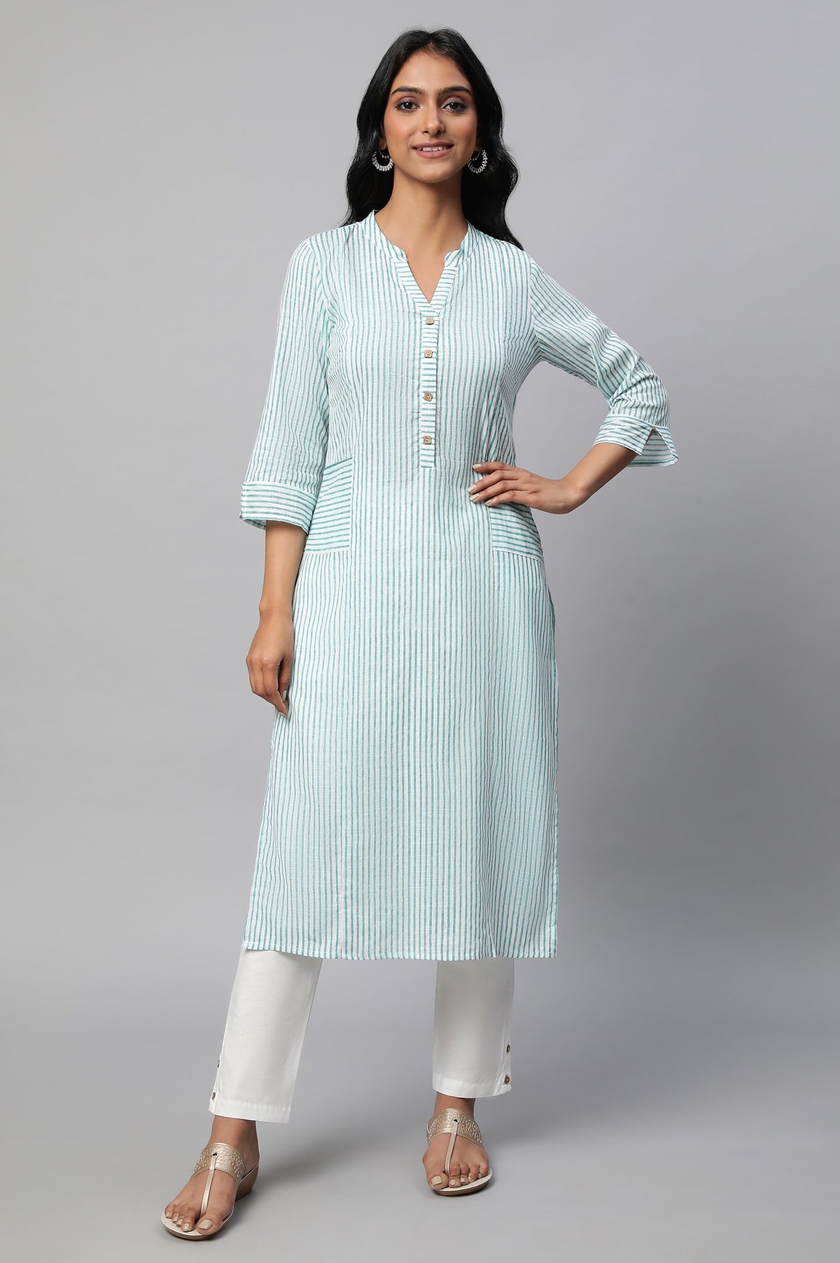 Green Stripe Print kurta Set - XS