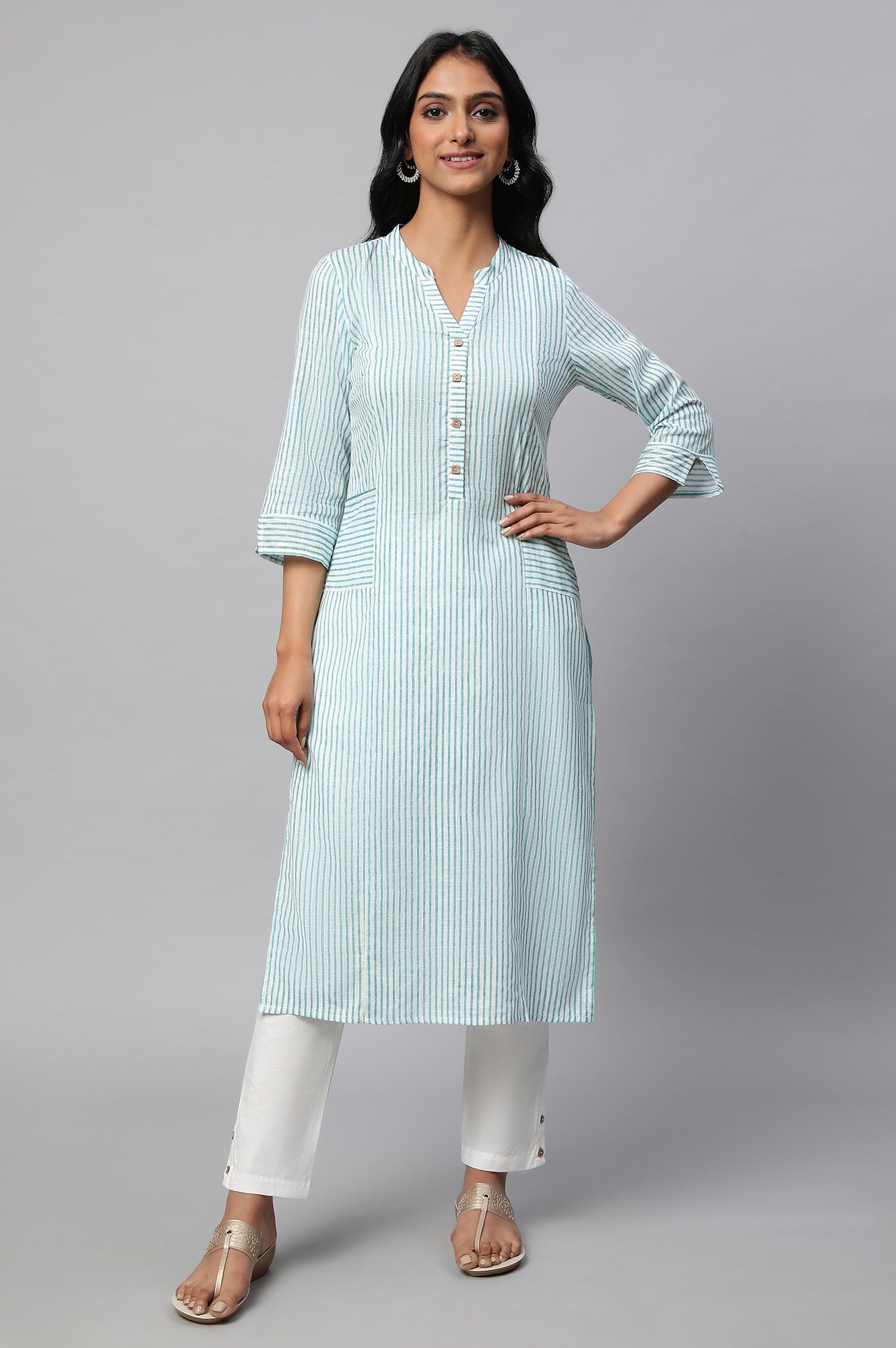 Green Stripe Print kurta Set