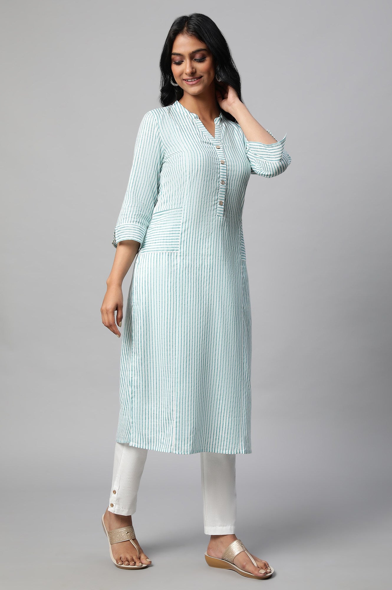 Green Stripe Print kurta Set