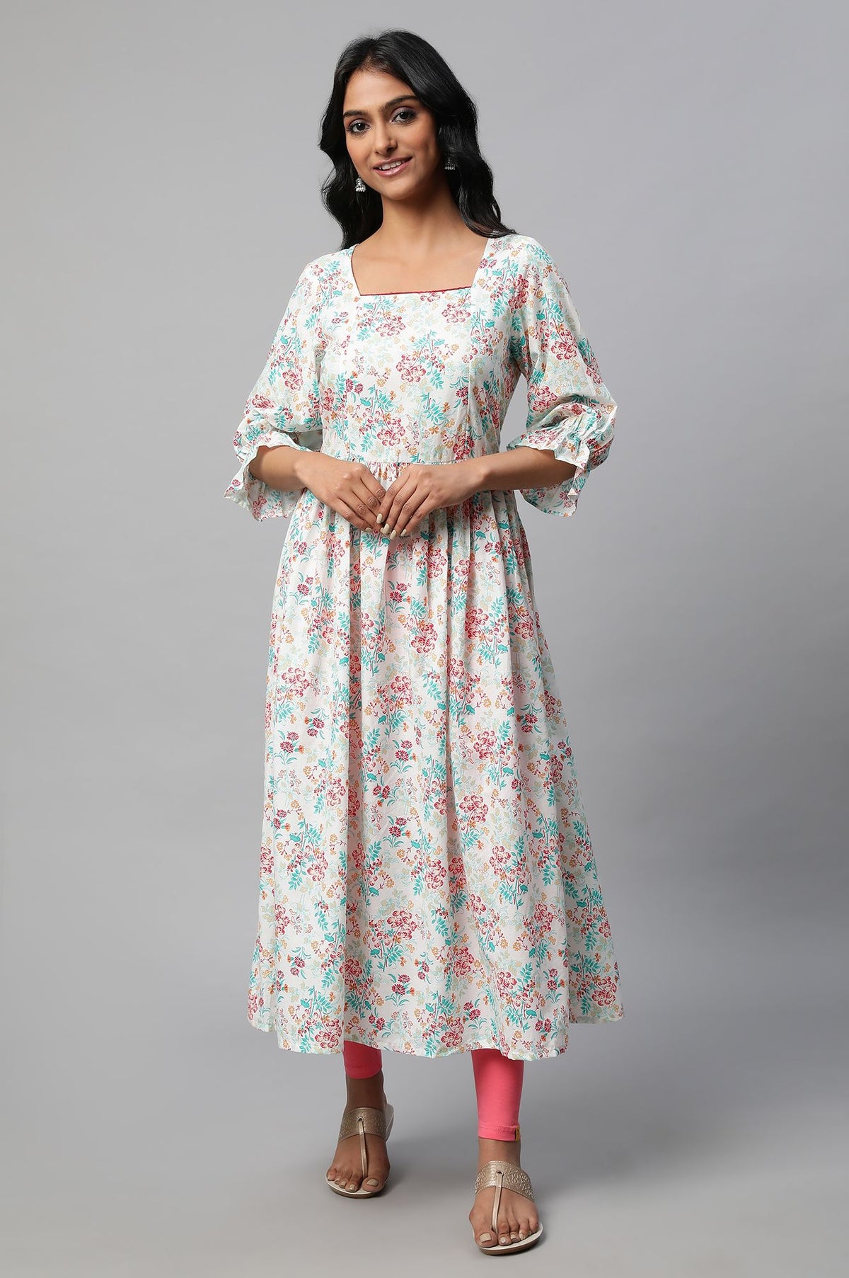 Peach Floral Printed A-line kurta Set - S