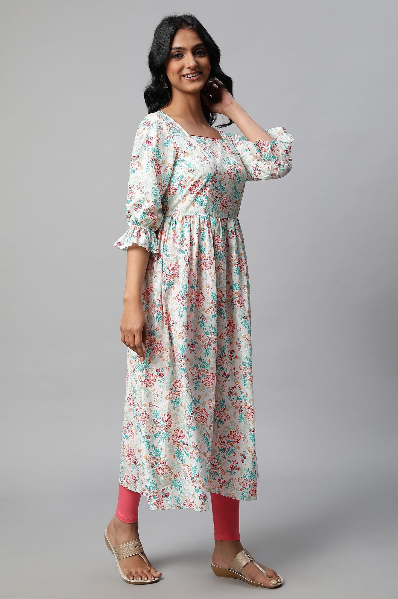 Peach Floral Printed A-line kurta Set