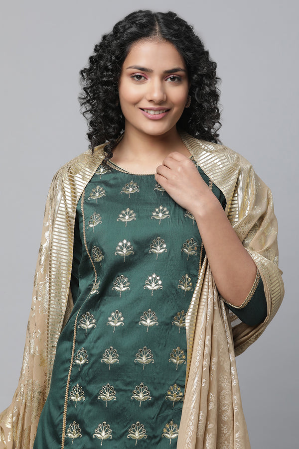 Green Embroidered kurta, Skirt & Dupatta Set