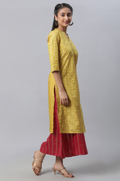 Yellow Foil Printed kurta, Culottes & Dupatta