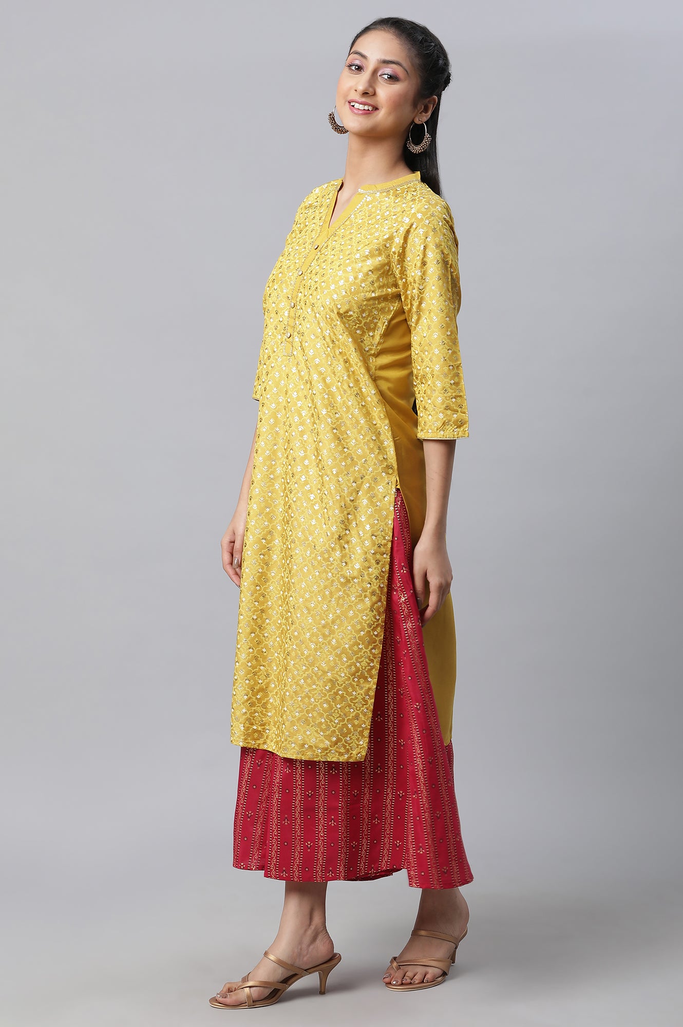 Yellow Foil Printed kurta, Culottes &amp; Dupatta