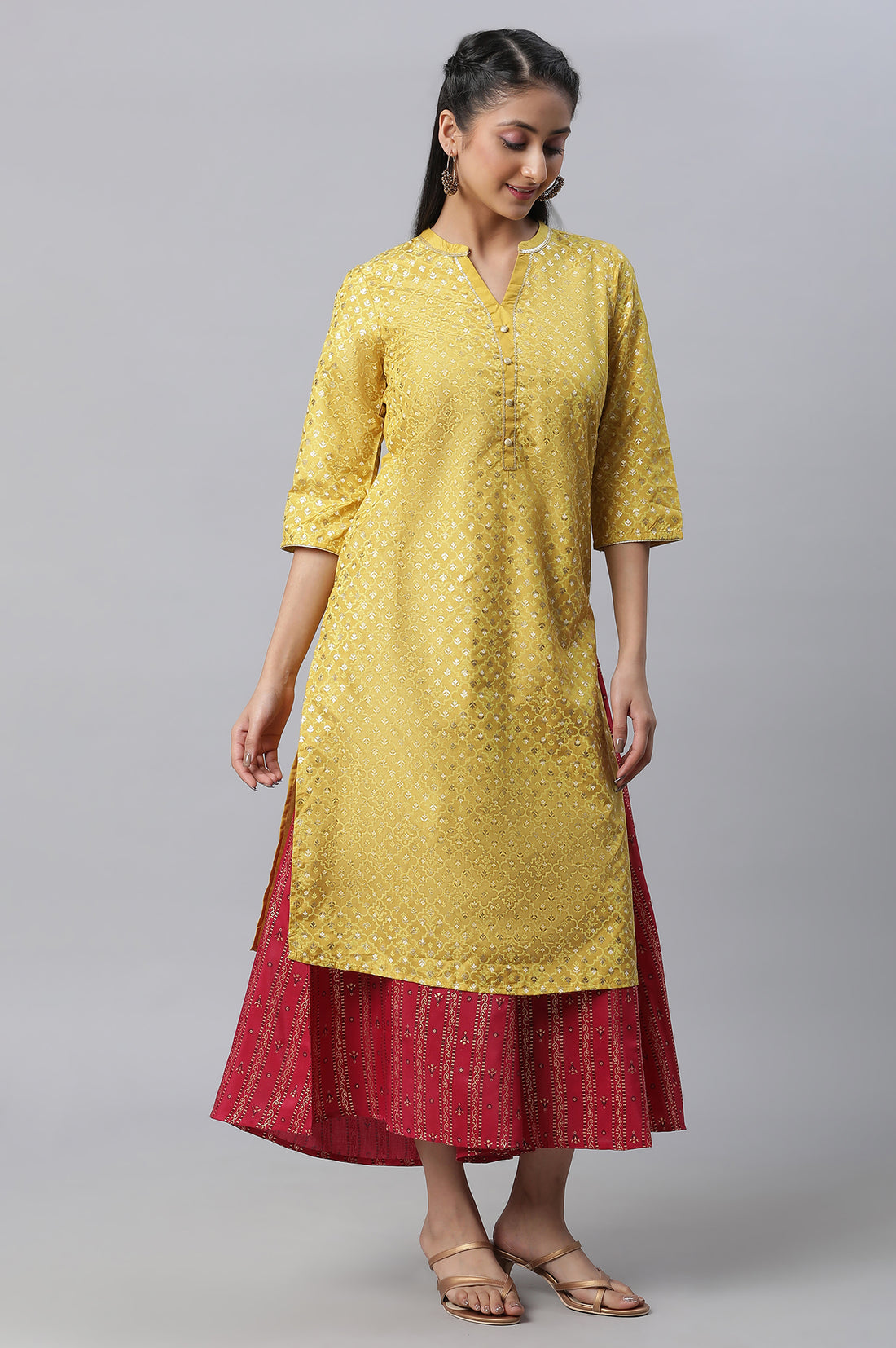 Yellow Foil Printed kurta, Culottes &amp; Dupatta