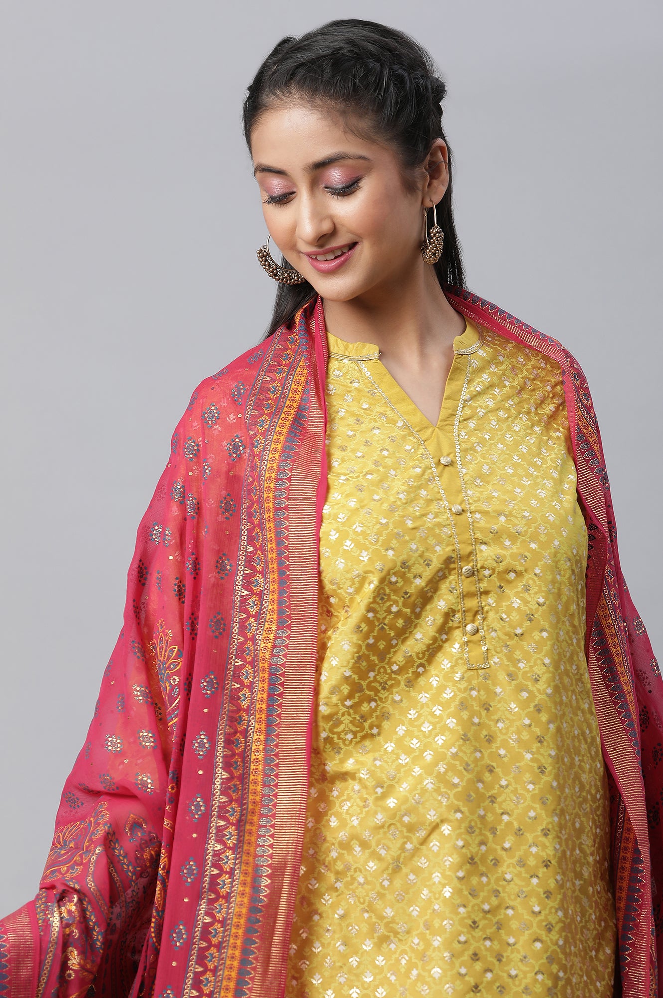 Yellow Foil Printed kurta, Culottes &amp; Dupatta