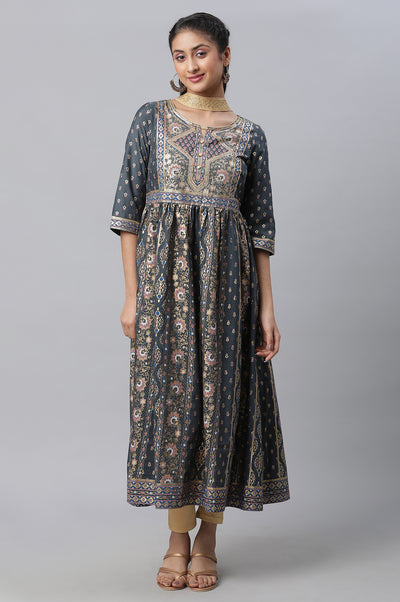 Grey Zari Embroidered Flared kurta, Tights & Dupatta Set