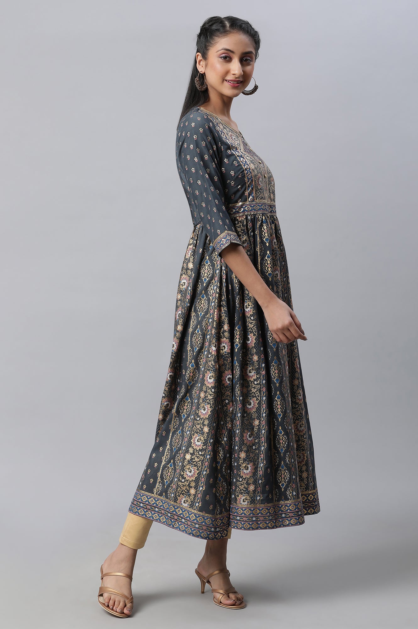 Grey Zari Embroidered Flared kurta, Tights &amp; Dupatta Set