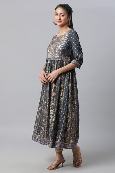 Grey Zari Embroidered Flared kurta, Tights & Dupatta Set