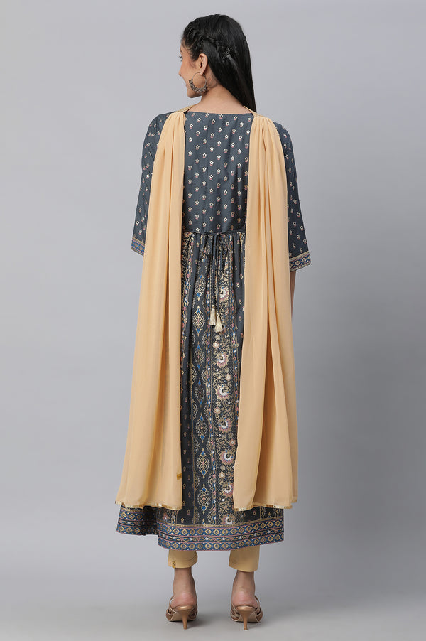 Grey Zari Embroidered Flared kurta, Tights & Dupatta Set