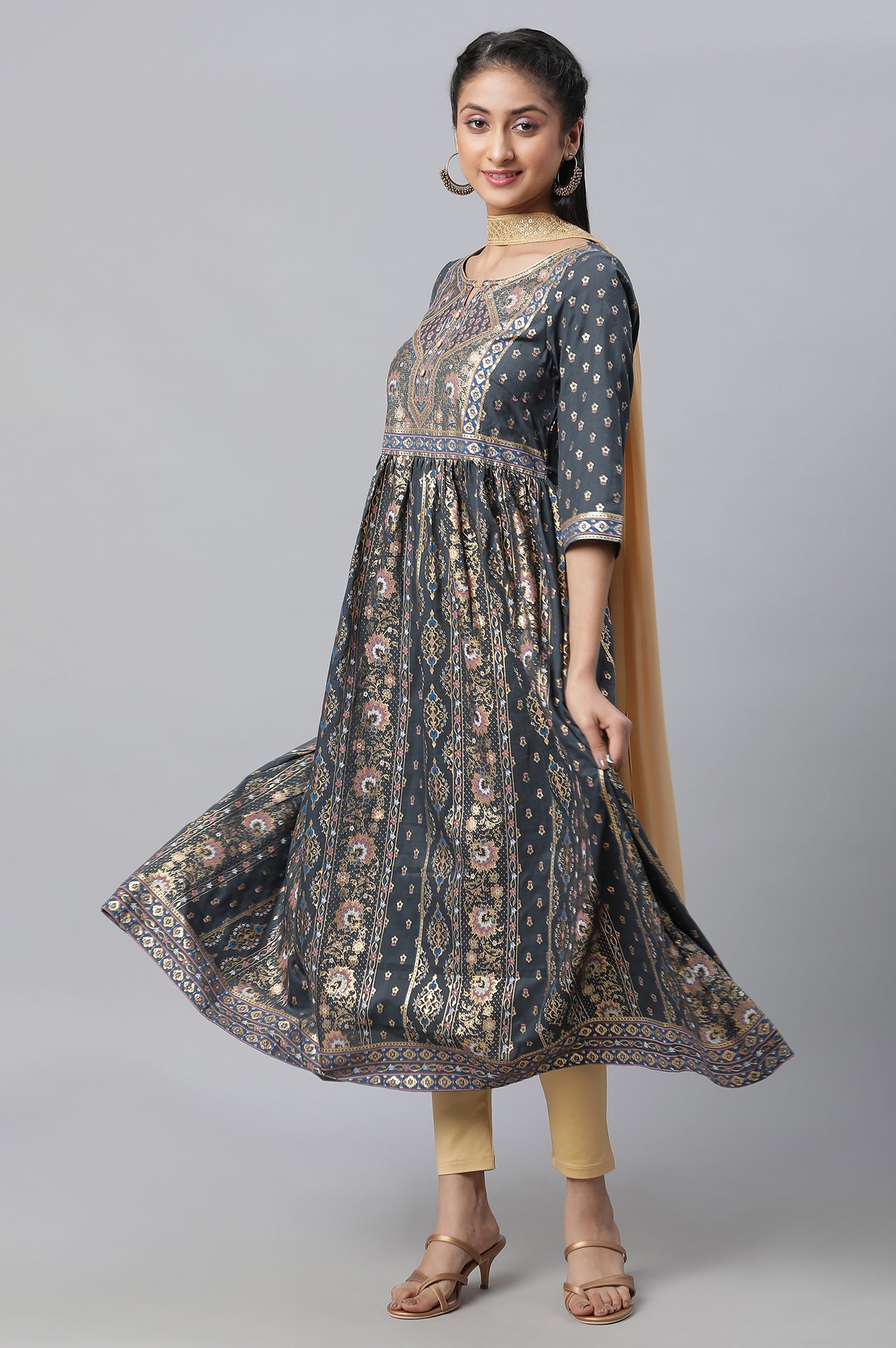 Grey Zari Embroidered Flared kurta, Tights &amp; Dupatta Set