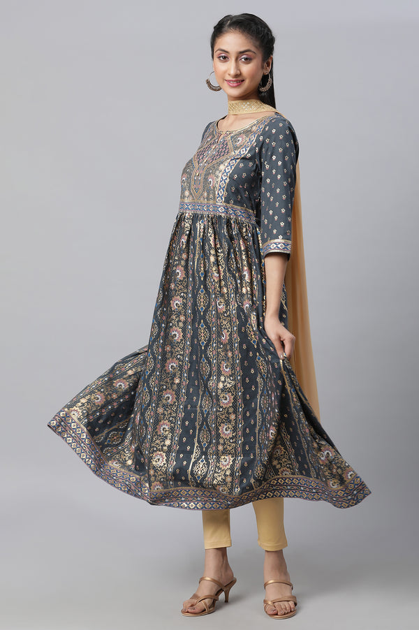 Grey Zari Embroidered Flared kurta, Tights & Dupatta Set