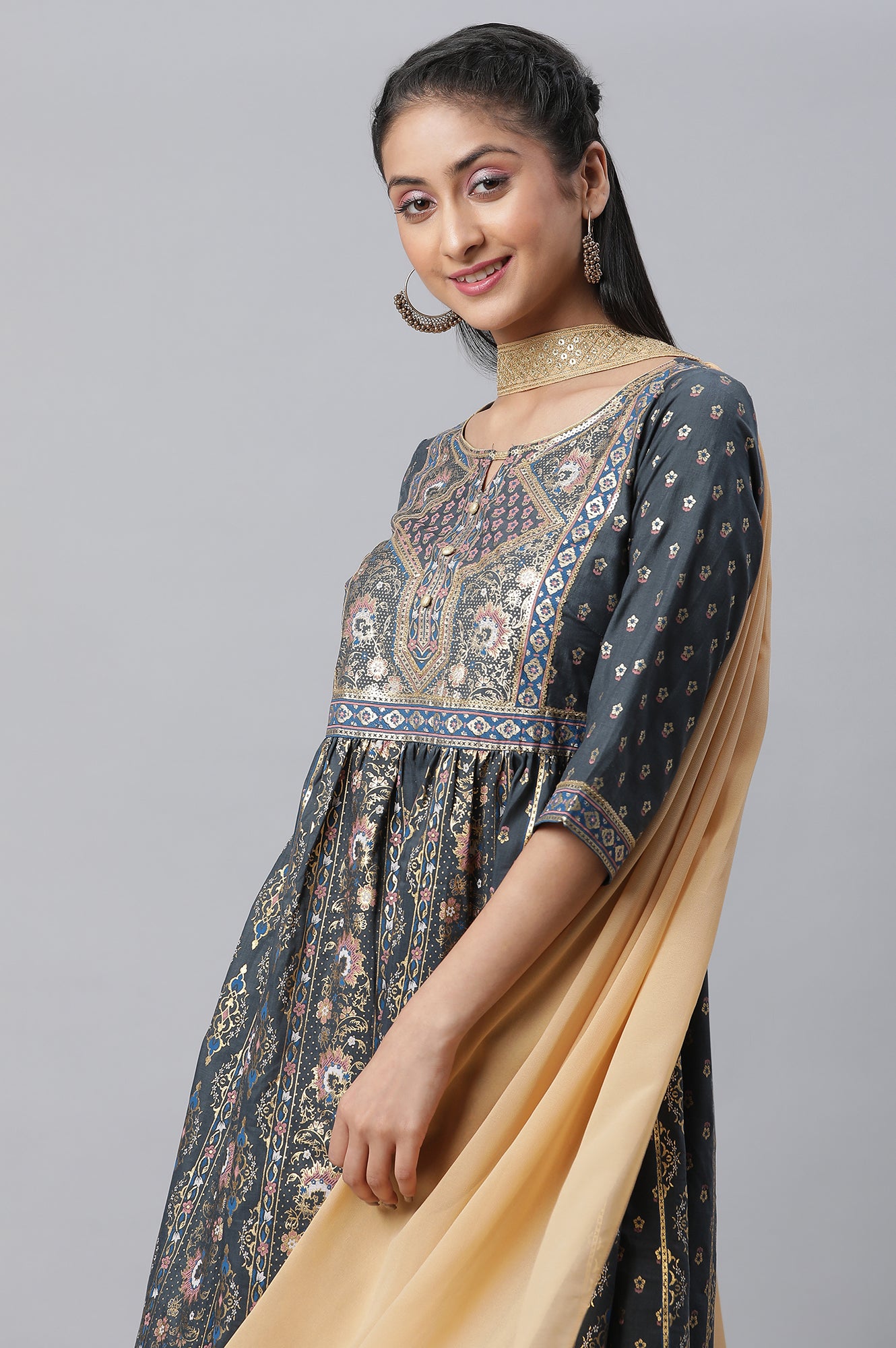 Grey Zari Embroidered Flared kurta, Tights &amp; Dupatta Set