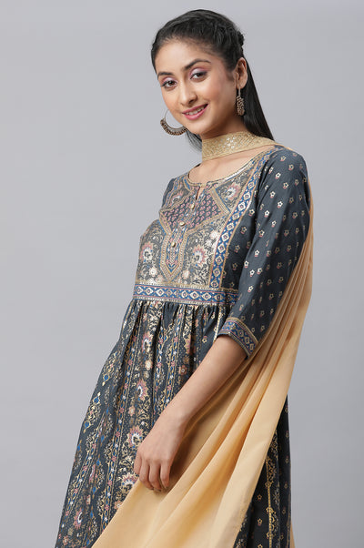 Grey Zari Embroidered Flared kurta, Tights & Dupatta Set