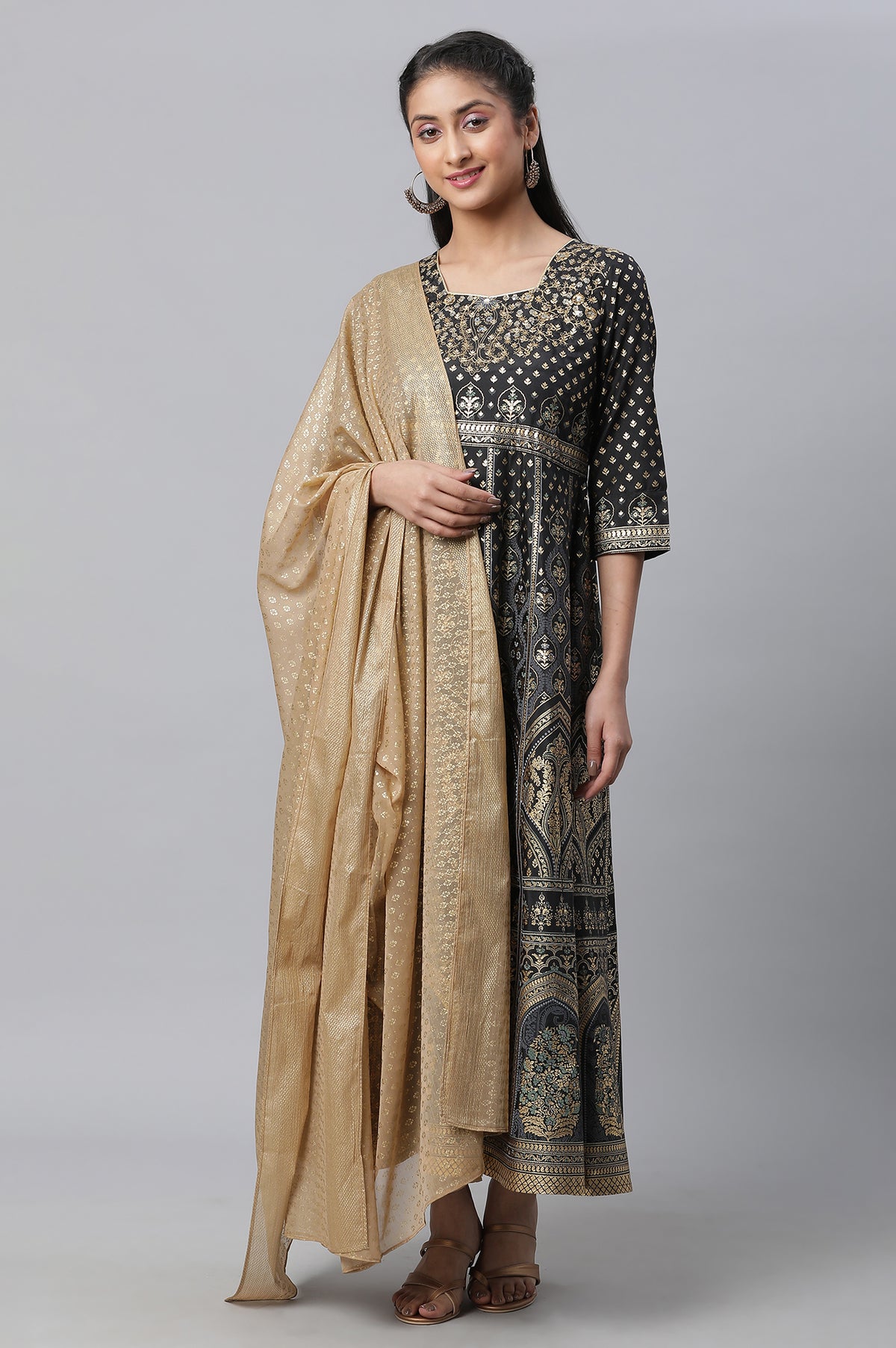 Black Embellished Dress, Tights & Dupatta Set - S