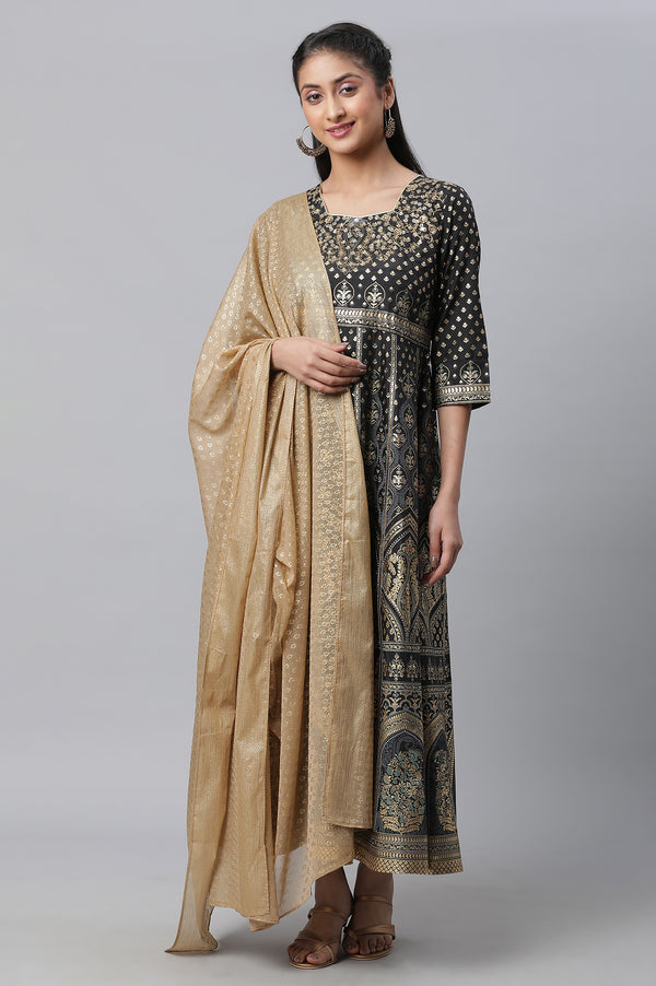 Black Embellished Dress, Tights & Dupatta Set