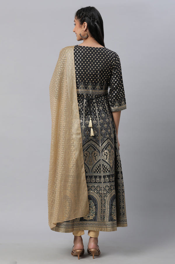 Black Embellished Dress, Tights & Dupatta Set