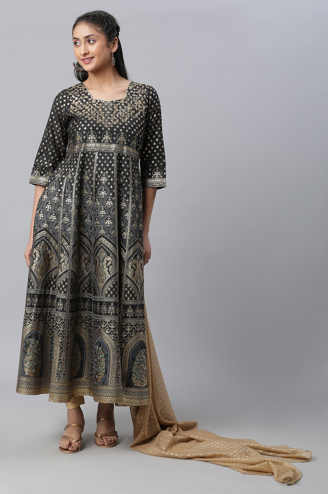 Black Embellished Dress, Tights &amp; Dupatta Set