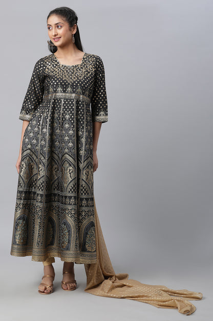 Black Embellished Dress, Tights &amp; Dupatta Set