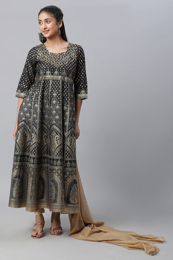 Black Embellished Dress, Tights & Dupatta Set
