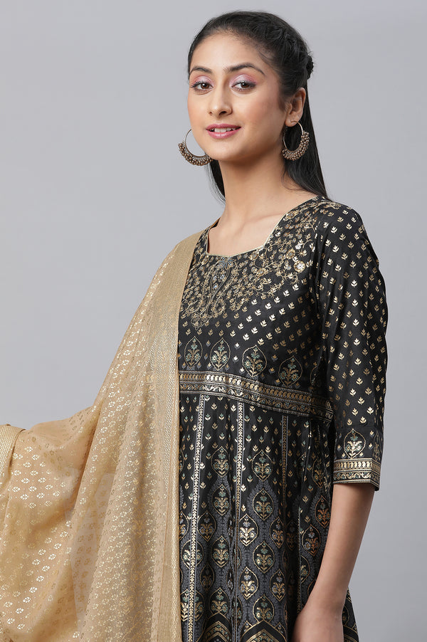 Black Embellished Dress, Tights & Dupatta Set