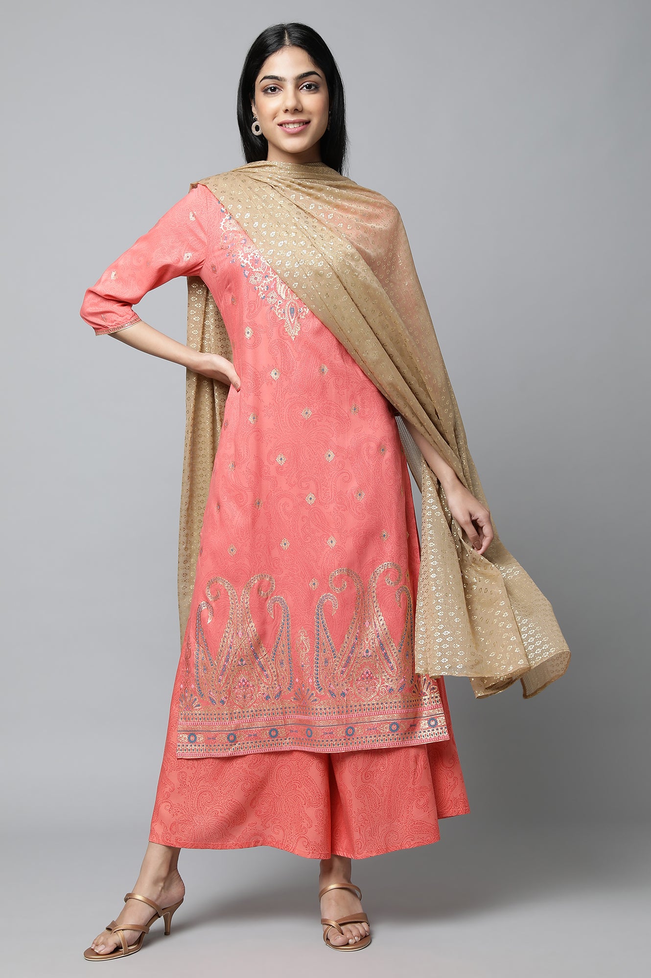 Peach Festive kurta with Culottes &amp; Dupatta Set