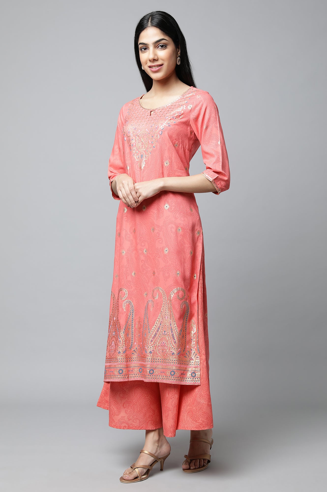 Peach Festive kurta with Culottes &amp; Dupatta Set