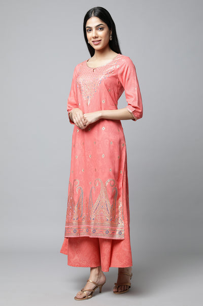 Peach Festive kurta with Culottes & Dupatta Set