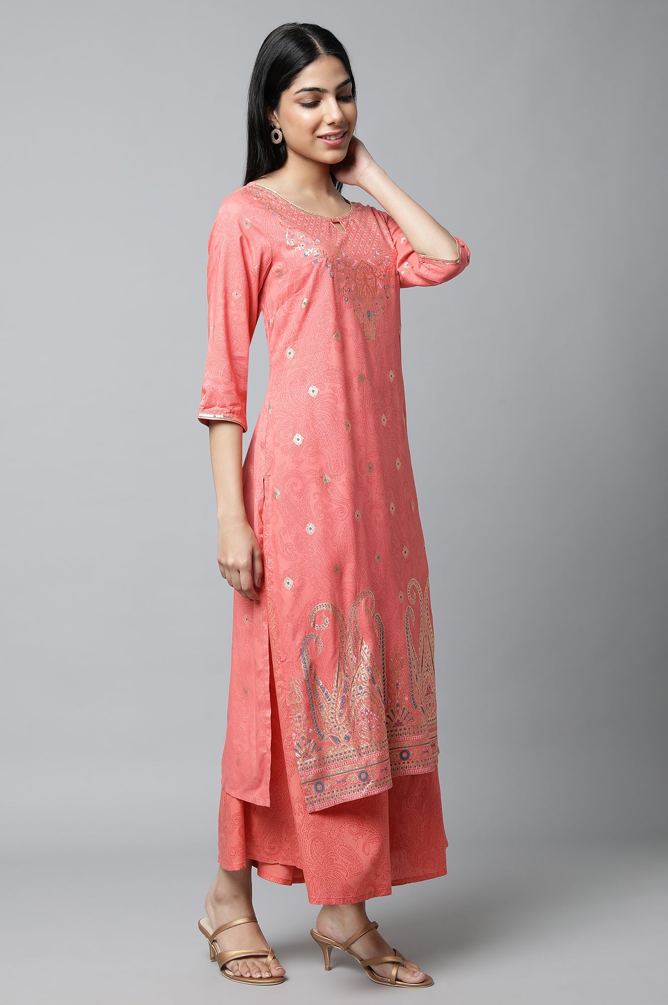 Peach Festive kurta with Culottes &amp; Dupatta Set