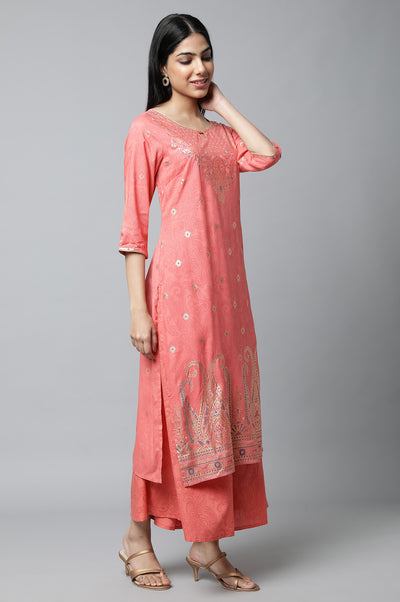 Peach Festive kurta with Culottes & Dupatta Set