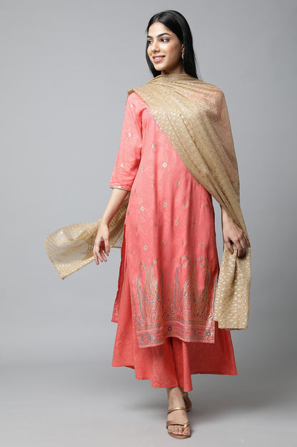 Peach Festive kurta with Culottes &amp; Dupatta Set