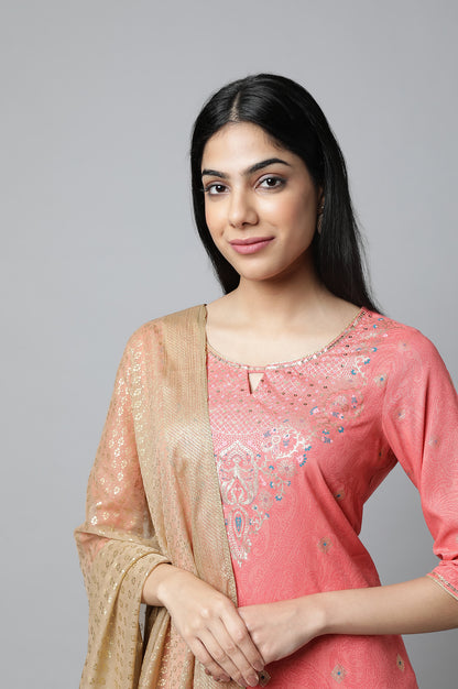 Peach Festive kurta with Culottes &amp; Dupatta Set