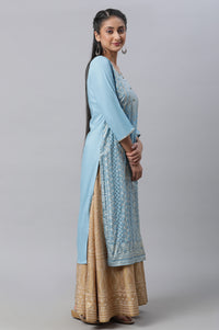Blue Festive LIVA kurta, Skirt &amp; Dupatta Set