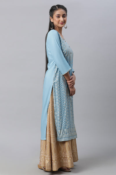 Blue Festive LIVA kurta, Skirt & Dupatta Set